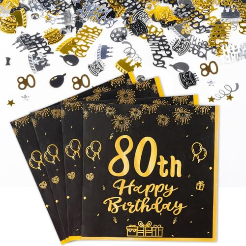 Yiran 80th Birthday Table Decorations include 20pcs Black Gold Happy 80th Birthday Paper Napkins and 15g Birthday Confetti, 80th Birthday Decorations for Boys Girls Birthday Party Table Decor
