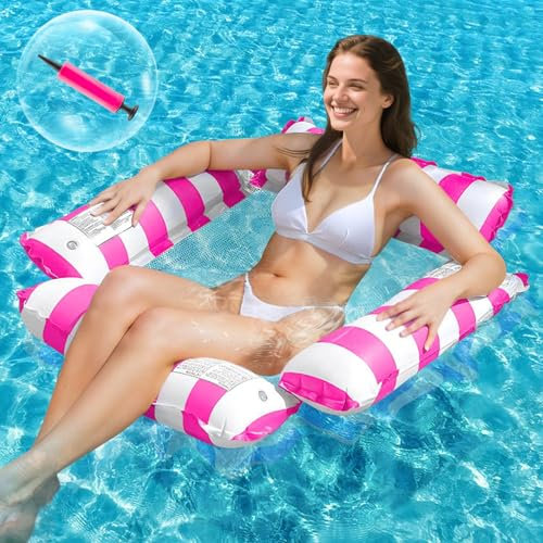 DOUUCO Wasserhängematte Luftmatratze Pool, 4 in 1 Luftmatratze Wasser, Wasserhängematte mit Netz mit Infloator Pumpe, Strapazierfähiges Luftmatratze mit Netz für Erwachsene, Rosenrot