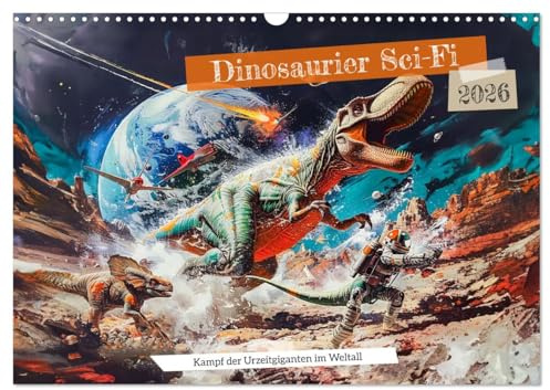 Dinosaurier Sci-Fi - Kampf der Urzeitgiganten im Weltall (Wandkalender 2026 DIN A3 quer), CALVENDO Monatskalender: Weltraum-Chaos: Dino-Galaxie in Gefahr (CALVENDO Technologie)