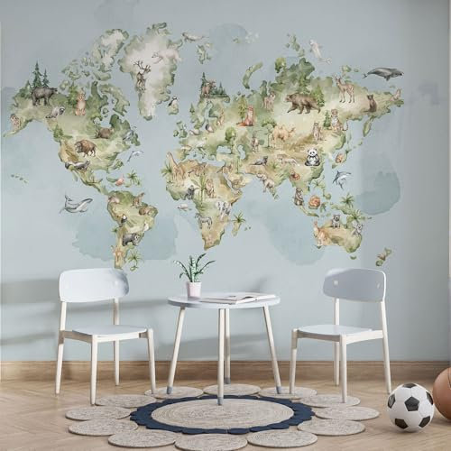 UNIK Nordic Vliestapete Kindertapete Weltkarte Aquarell 250 x 280 cm – Kontinente mit Tieren liebevoll illustriert – lernfördernd & schadstofffrei – perfekte Wandgestaltung fürs Kinderzimmer