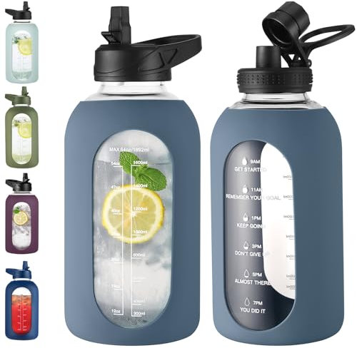 EALGRO 64 oz Glass Water Bottle with Straw, Large Half Gallon Water Jug