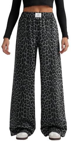 GORGLITTER Damen Lange Hose Y2K Breite Bein Freizeithose Leoparden Stoffhose Causalhose mit Hohe Elastische Bund Jogginghose Palazzon Pants Dunkelgrau S