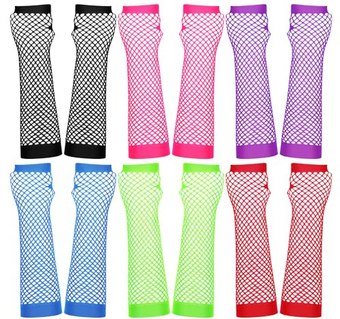 LXUEJIE 6 Pairs Fishnet Gloves Fingerless Neon Gloves, Long Fingerless Fishnet Arm Sleeves for Cosplay Halloween Party Scene Clothes for Women Men 80s Party Costume Accessories Supplies
