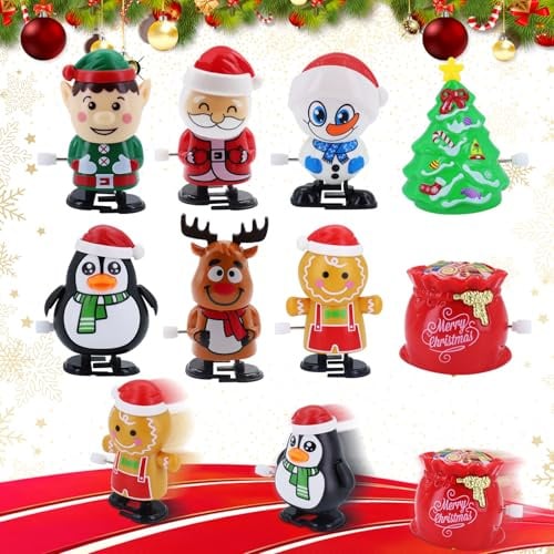 Aufziehspielzeug Weihnachten, 8 Stück Figur Uhrwerk Spielzeug, Aufziehfigur Adventskalender Füllung, Lustiges Spielzeug Uhrwerk Lauf- und Springspielzeug, Weihnachtsmann Pinguin Schneemann Elch