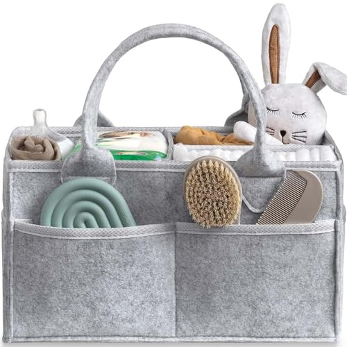 Ferizzia Wickeltasche Organizer, Wickelorganizer mit Fächern Griffen, Tragbar Faltbar, Geschenke für Neugeborene, Filztasche Wickelkorb für Wickeltisch Feuchttücher Und Babysachen