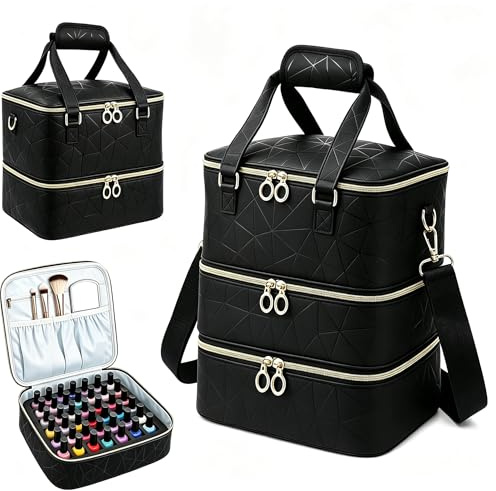 Nail Polish Organizer Bag, 3-Layer 60-Bottle Portable w/Foam Pads & Tools | Zipper, Compartments, Portable Nail Kit Case with Foam Pads for Nail Art Lamp & Tools Travel Storage for Nail Technicians