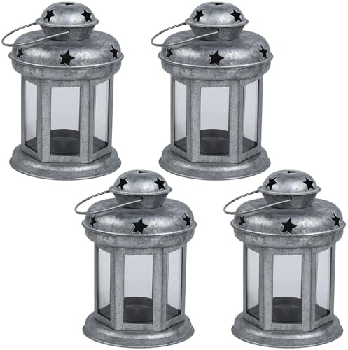 4er Set Vintage Laterne Eolea edel aus Metall und Glas in Silber 15 cm