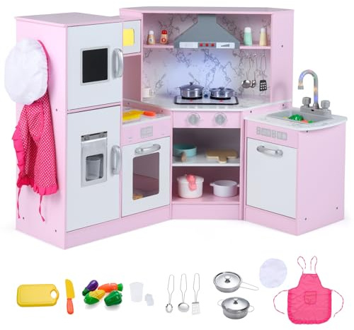 COSTWAY Cocina de Juguete de Madera con Lavabo Separado, Cocinita de Madera Infantil con Sonidos y Luces, Microondas, Máquina de Hielo Simulada y Lavavajillas, Pizarra, para Niños de 3+ Años (Rosa)