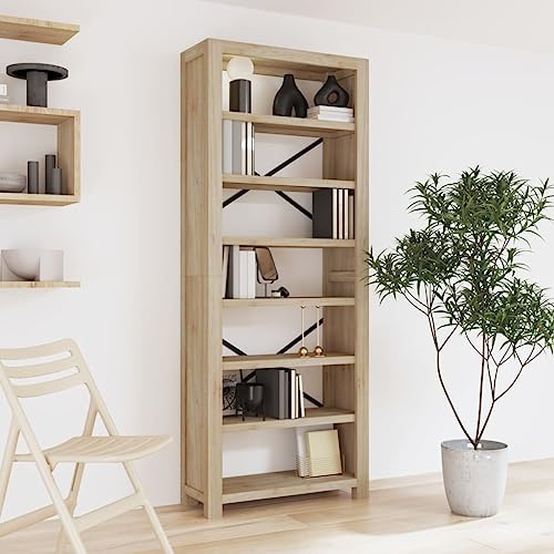 Teenpull Bücherregal 7 Böden, 80x30x200 cm, Massivholz Akazie, gebürstet, Robustes Standregal für Bücher, Akten, Dekoration, Wohnzimmer, Büro