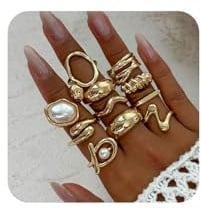 SHOFUL Massive Goldringe für Damen, goldene Barockperlenringe, offene, verstellbare Perlenringe, Stapelringe, Knöchelringe-Set, Boho-Stil, Abschlussball, Kostümschmuck für Damen