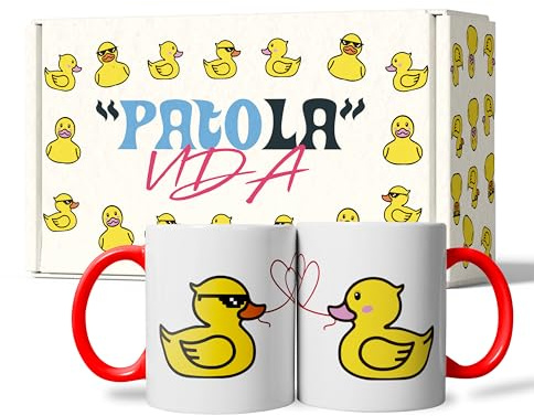 LINFORMAL | Pack 2 Tazas Amor Pareja con Interior Rojo | Tazas San Valentín con Patos e Hilo Rojo del Destino | Regalo Original para Novia, Novio o Parejas | Tazas Desayuno Románticas | 350 ml x2 HT