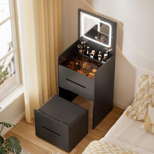 MSFE Tavolo da Trucco 3 in 1 con specchio Plip Top, Specchio LED A 3 Colori E Sgabelli Piccola Unità Vanity Toeletta con piano in vetro visibile, Console Trucco con 3 cassetti per camera da letto
