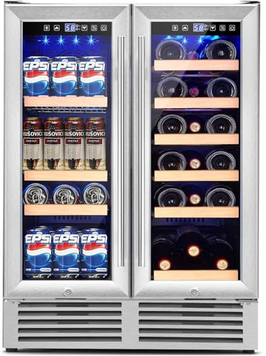 TANGZON Double Door Dual Zone Beverage Wine Fridge, Auto Defrost Drinks Refrigerator with Safety Locks, Removable Shelves, Adjustable Feet & LED Lights, 57 Cans 18 Bottles Display Cooler (Silver)