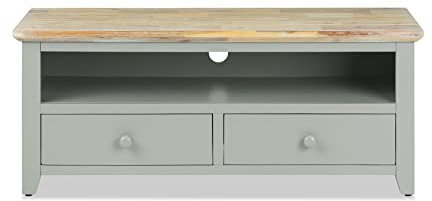 Florence TV unit with shelf and 2 drawers. SAGE GREEN TV stand with cable access. Large tv cabinet. Very solid. Fully assembled.