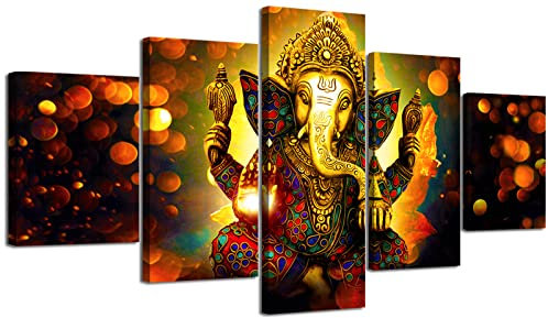Große 5 Stück Lord Ganesha indische Wanddekoration – Hindu-Tempel Puja Mandir für Zuhause – Elefant Zen Foto Bild Leinwand Druck Gemälde für Wohnzimmer Haus Holzrahmen Dekorationen (152,4 cm B x 81,3