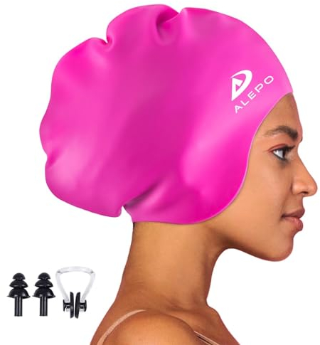 Alepo Extra Large Badekappe Damen Herren, Schwimmkappe Lange Haare Langlebige Silikon mit Ohrschutz, Unisex-Erwachsene Badehaube Bademütze für Dreadlocks Haarverlängerungen Afro Haarwebart(Rosenrot)