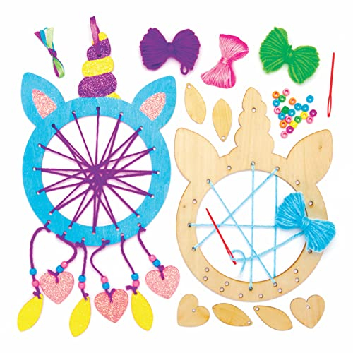 Baker Ross AT721 Einhorn Traumfänger Bastelset für Mädchen - 4er Pack, Holzbastelsets für Kinder zum Basteln und Bemalen, Grün,Blau,Lila, Mittel