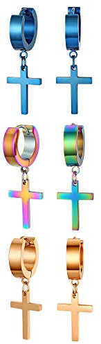 JewelryWe Schmuck 3 Paare Creolen Kreuz, Edelstahl Klassisches Kruzifix Ohrringe Ohrstecker Ohrhänger Ohr-Piercing für Herren Damen, Bunt Blau Rosegold