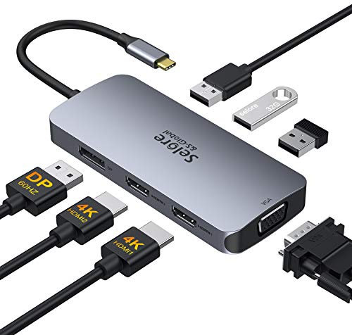 USB C to Dual HDMI Hub,7 in 1 USB C Docking Station to Dual HDMI Displayport VGA Adapter,USB C to 3USB 2.0, Multi Monitor Adapter for Dell XPS 13 15,Lenovo Yoga,Huawei Matebook X pro,etc