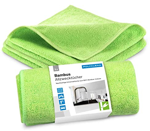 POLYCLEAN 3X Bambus Allzwecktuch – Nachhaltiges Reinigungstuch für den gesamten Haushalt – Universelles Putztuch (30x30 cm, 3 Stück, grün