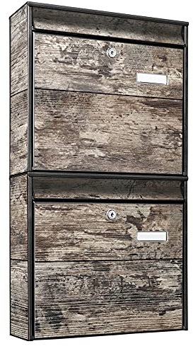 banjado Briefkastenanlage 2 Fach - 2 Briefkästen 36x64x10cm groß - Doppelbriefkasten Set - Namensschild, 2 Schlüssel, Montagematerial - Stahl verzinkt schwarz - Motiv Alte Planken