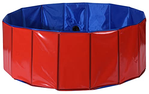 Swimmingpool Schwimmbecken für Hunde und Katzen Hundepool Hundeplanschbecken Hundebadewanne, Faltbarer Pool mit PVC-rutschfest verschleißfest Ø80x30cm (rot)