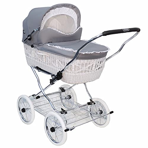 EICHHORN Kinderwagen Weidenkorb - Kinderwagen aus echter Weide, handgeflochten, Weide Weiß, Stoff Silbergrau