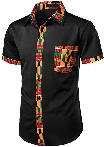 LucMatton Men's African Printed Patchwork Design Short Sleeve Button up Shirt Traditional Dashiki Black Large