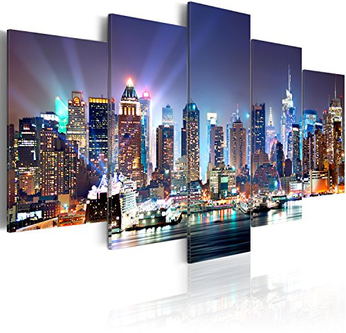 B&D XXL Acrylglasbild New York 100x50 cm 5 Teilig Wandbild auf Acryl Glasbilder Kunstdruck Moderne Acrylglas Platte Wanddekoration Geschenke Heimdekoration Glasbild City Night Architektur Panorama