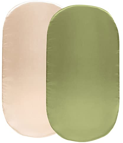 SiinvdaBZX Satin Stubenwagen-Bettlaken-Set, 2-teilig, seidig weiche Spannbettlaken für Sanduhr, ovale und rechteckige Stubenwagenmatratze (Beige & Salbeigrün)