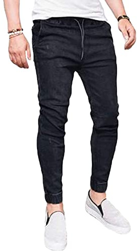 Pantalon en Denim Extensible avec Cordon de Serrage pour Hommes Jean Skinny décontracté à Taille élastique Jean Crayon Coupe Slim délavé à la Cheville