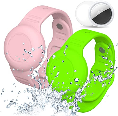 AirTag Wasserdicht Armband für Kinder, IP53 Hülle für Apple Air Tag Versteckt Silikon Band Halter Ganzkörperschutz GPS AirTec Kleinkind (Rosa, Grün)