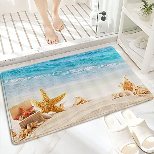 ANNKOOT Badematte, rutschfest Waschbar Badezimmerteppich 60x100 cm,Ozean-Seestern-Muscheln am Strand,Badvorleger mit Wasserabsorbierenden, Weichen Mikrofasern für Badewanne, Dusche und Badezimmer
