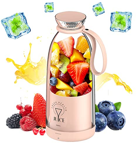 Batidora Portatil Fresh Juice, 500ml Licuadora Portátil, USB Recargable Mini Batidora, Botella Batidora Multifuncional con 6 Cuchillas, Batidora Smoothie para Viajes, Oficina, Camping (Rosa)