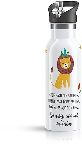 OWLBOOK® Edelstahl Kinder Trinkflasche Junge | Wasserflasche mit Strohhalm | 600 ml | Flasche BPA-frei | Spülmaschinenfest | Schule Schulanfang Geschenke zur Einschulung Jungen | Löwe