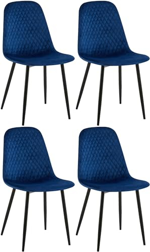 CLP 4er Set Esszimmerstuhl Giverny Samt I Stoff I Gepolsterter Stuhl mit Ziernähten nnd Bodenschonern, Farbe:blau, Material:Samt