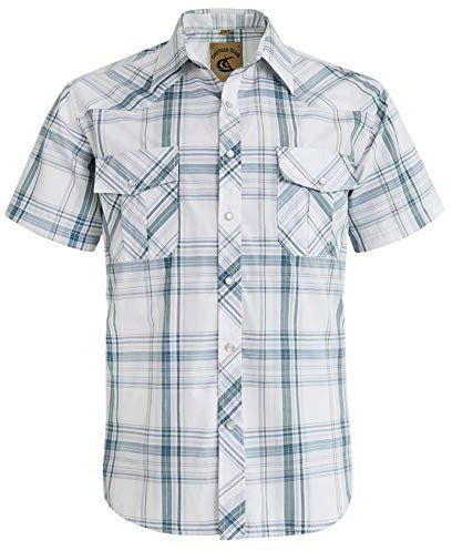 COEVALS CLUB Mens Shirts Short Sleeve Casual Push Button Plaid Suit Regular Fit Western Cowboy Pearl Snap Two Pockets Work Derss Button Up Shirts (White Plaid #28 S)