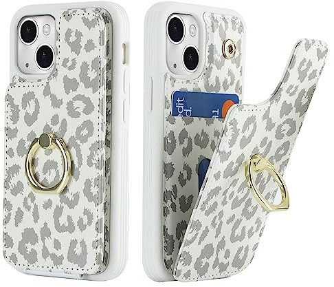 Cavor Phone Case compatible with iPhone 13 Mini Case With Card Holder,Flip Folio Leather Wallet Case,Magnetic Ring Kickstand Shockproof Cover Case compatible with iPhone 13 Mini - White Leopard
