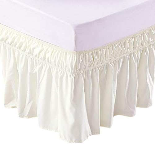 Bettvolant Bettrock mit Rüschen Gefalteter Bettrock Elastischer Staub-Rüschen Ruffled Solid Bed Rock, Wrap Around Style, Elastische Bett Wrap Ruffle Bett Rock (153 x 203 x38 cm, Cremefarben