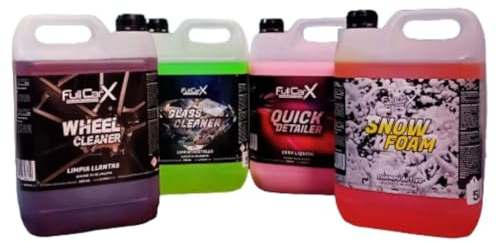 AutoFullCar - Pack Básico Limpieza de Coche para Profesionales del Detailing FullCarX - 4 garrafas de 5 Litros - Limpia Llantas + Limpia Cristales + Cera Líquida Quick Detailer + Champú Activo