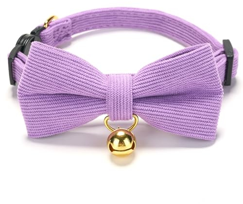 YUDOTE Ultra-Soft Breakaway Cat Collars, Small 19-28cm, Purple 1 Pack | Comfortable cotton webbing for cats with sensitive skin, quick release safety buckle, removeable bow and bell, adjustable fit