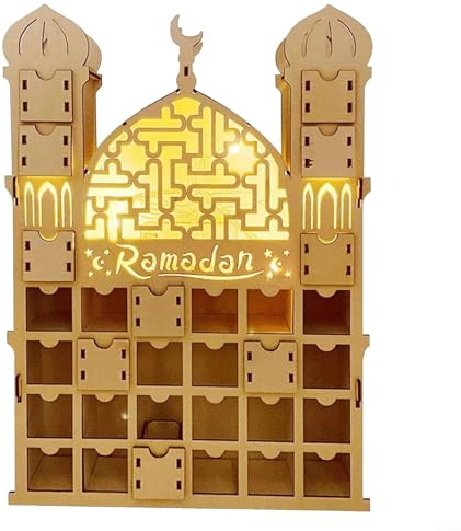 for HPLIVE Ramadan Adventskalender mit Licht, Holz Moschee Form Ramadan Kalender mit 30 Schubladen, Batteriebetrieben (nicht enthalten)