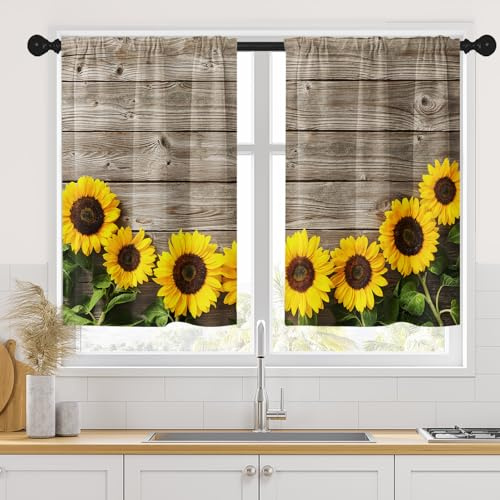 Tayney Set di 2 tende da cucina con girasole, lunghezza 91 cm, per finestre di fattoria, tende a livello corto sopra il lavandino, tavola in legno con fiori estivi vintage, piccola decorazione da