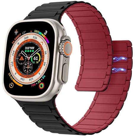 Astorgos Magnetico Cinturino Compatibile con Apple Watch Ultra/Ultra2 49mm/Series 10/9/8/7/6/5/4/3/2/1/SE 42/44/45/46mm,Regolabile Sport Cinturini in Silicone Morbido,Collegamento Magnetico, NeroR