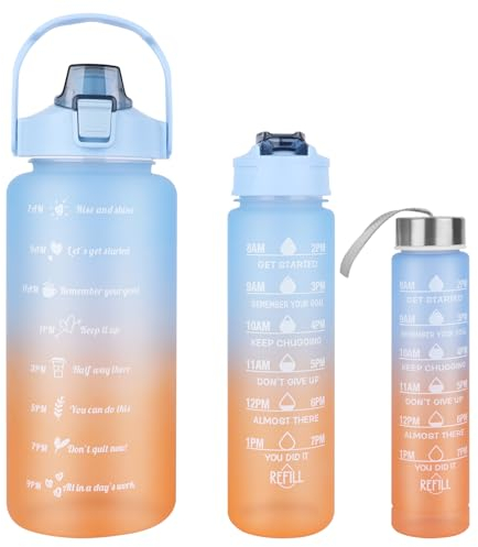 RISVOWO 3 pcs Trinkflasche, Wasserflasche, Water Bottle BPA-Frei, Sportflasche Zeitmarkierung, Wasser Flasche mit strohhalm für Uni, Arbeit, Fitness, Fahrrad, Outdoor, Job (2L+750ML+300ML