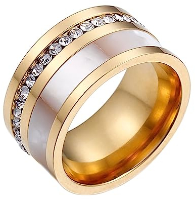 Bihsilin Damen Ring Edelstahl, Personalisierte Ringe 12MM mit Muschel und Zirkonia Bandring Hochzeit Ring Frauen Nickelfrei Gold Größe 54 (17.2)