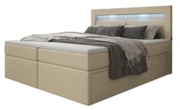 Boxspringbett Rinori 160x200 Doppelbett Polsterbett Bett mit LED-Beleuchtung, USB-Anschluss und Stauraum | Bezug: Kunstleder | Farbe: Beige | Härtegrad: H4 (100kg+)