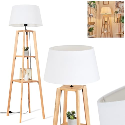 Stehleuchte Bassagoda, Stehlampe aus Holz/Stoff in Naturfarben/Weiß, Leuchte im skandinavischen Design mit rundem Schirm (Ø 45cm), Ablageflächen u. Fußschalter, Höhe 147,5cm, 1x E27, ohne Leuchtmittel
