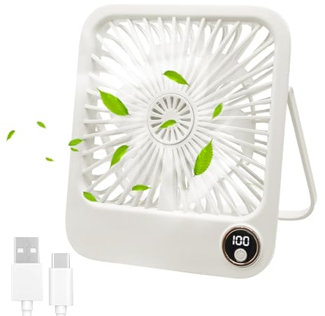 Kqpoinw USB Fan,2000 mAh Chargeable Mini Ventilator,Tischventilator Leise,Ausführe Bis zu 2-10 Std,5 Geschwindigkeiten,für Innen, Außen, Camping, Büro(Beige)