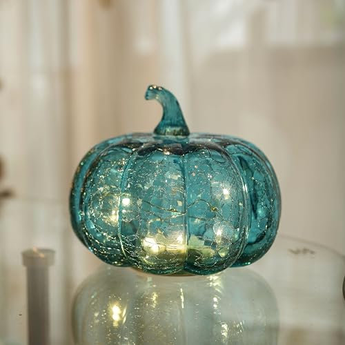 hvfun Aquablaues Rissglas Kürbis Licht mit LED Timer – Flackerndes und Twinkle-Effekt Kürbislaterne für Halloween, Erntedankfest und Herbst Dekoration – Tischdeko, Fensterdeko, Batteriebetrieben